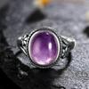 Vintage Carved Pattern Oval Purple Stone Rings, Amethyst Gemstone CopperPlating Ring, Women's Boho Fashion Jewelry Cross-Border
