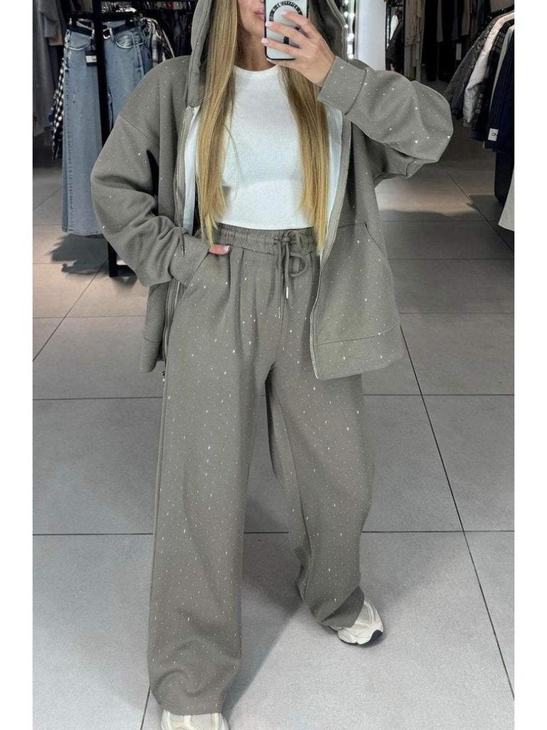 Conjunto Casual de Duas Peças Outono/Inverno Feminino Europeu/Americano 2025: Gola Redonda, Manga Longa, Com Furos Quentes, Punho Ajustável com Cordão no Tornozelo.