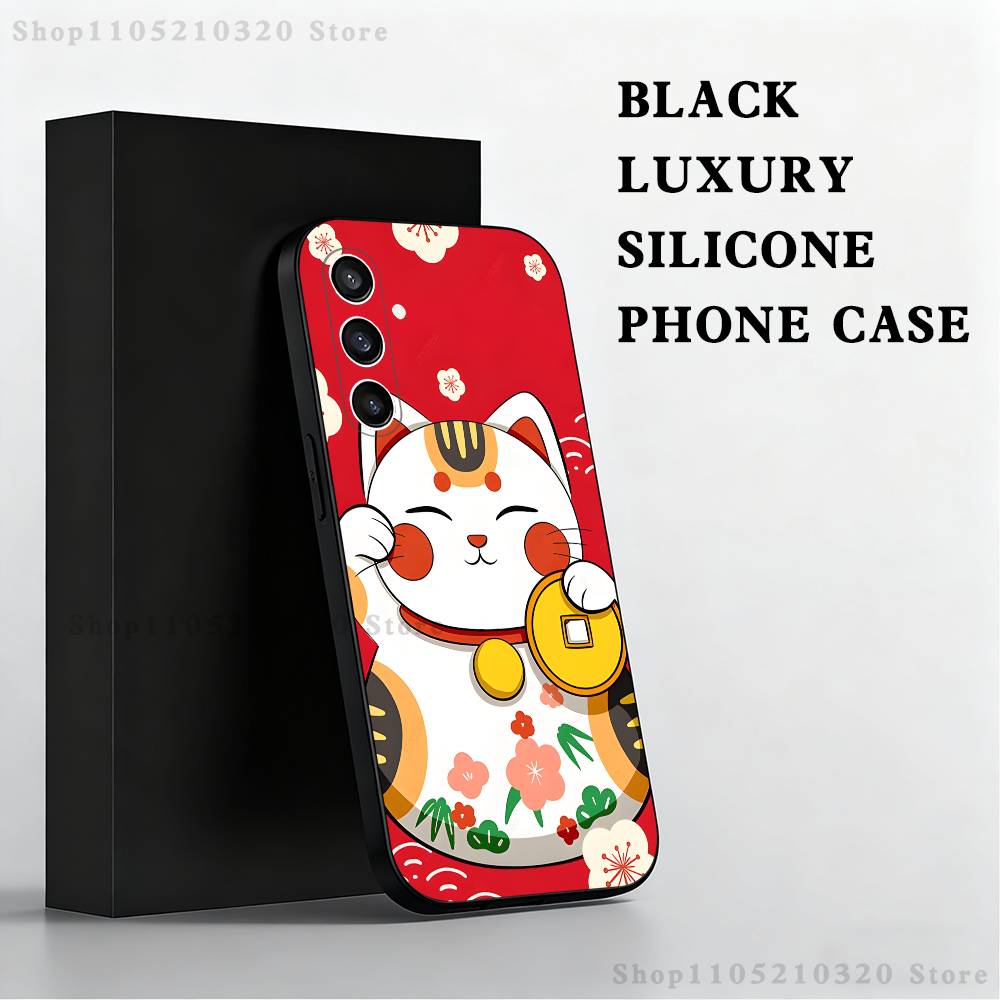 

Japanese lucky cat Phone Case For Samsung S25,S24,S23,S22,S21,S20,S10,Ultra,Plus,Lite,FE,Soft Silicone Black Cover SamsungS25plus 5G