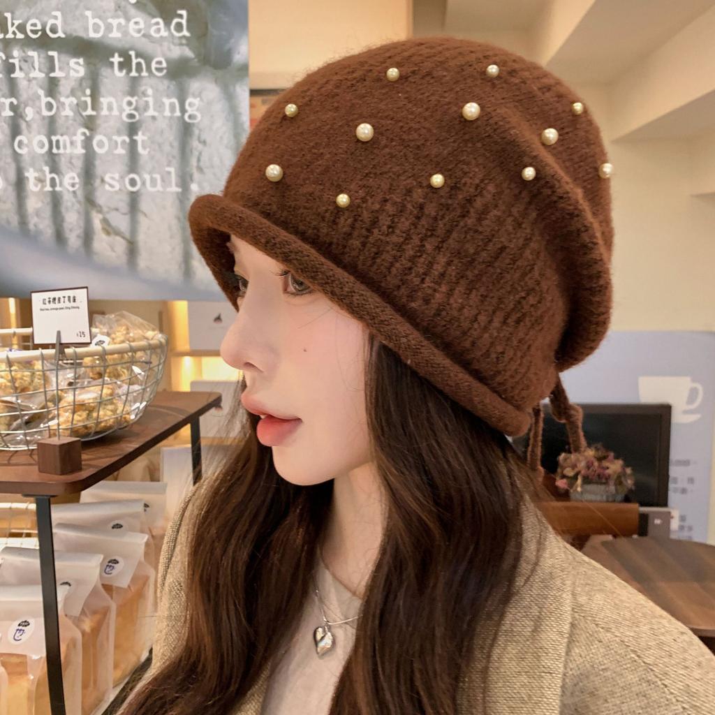High-end Heavy Industry Handmade Pearl Fashion Knitted Hat Women's Autumn and Winter New Versatile Wool Hat Warm Ear Protection Hat Tide