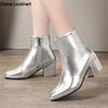 New Ankle Boots Women Pointed Toe Chunky High Heels Sliver Gold Black Mirror Metallic Ladies Pumps Female Sexy Botas Mujer