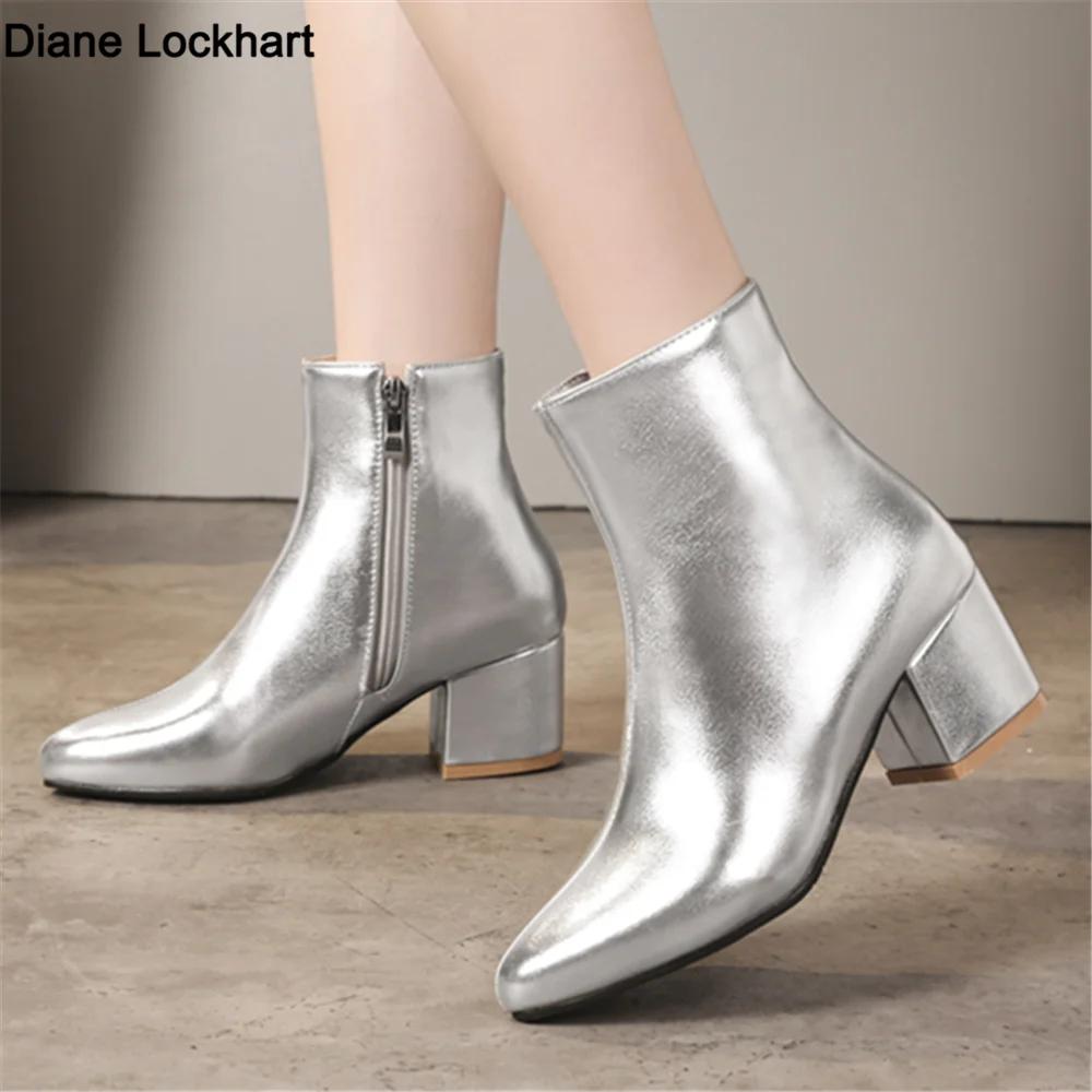New Ankle Boots Women Pointed Toe Chunky High Heels Sliver Gold Black Mirror Metallic Ladies Pumps Female Sexy Botas Mujer
