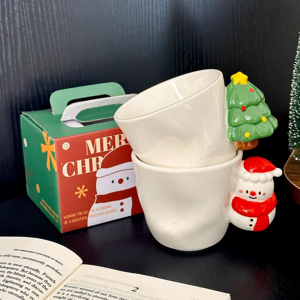 Creative Design of Christmas Ceramic Mugs Three Dimensional Snowman  Christmas Tree Shaped Handle Cups  Christmas Souvenirs
