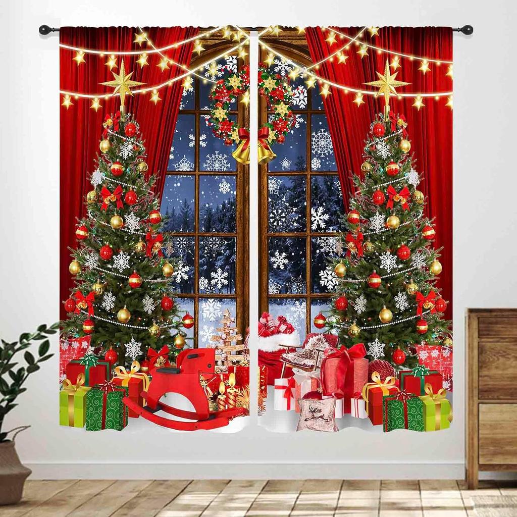 Winter Kitchen Christmas,Christmas Pine Tree Nature Forest Deer Watercolor Cabin Rustic Farmhouse Holiday Window Treatments