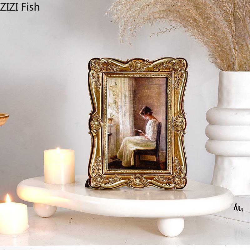European Retro Floral Border Photo Frames Golden Picture Frame Bedside Table Wedding Anniversary Photo Frame Desk Decoration