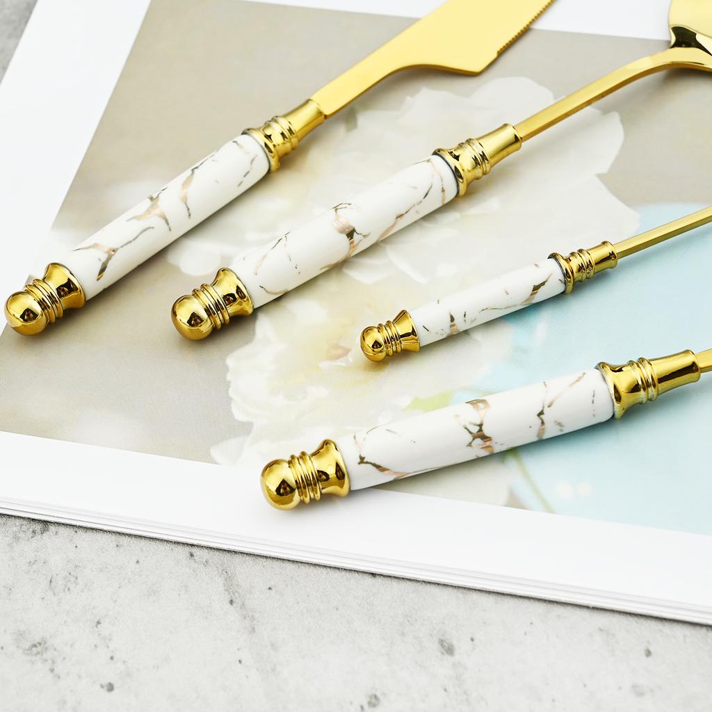 Juego de cubiertos dorados con mango de cerámica de imitación, vajilla de acero inoxidable 304, cuchillos, tenedores, cuchara con soporte para cubiertos, 24 Uds.