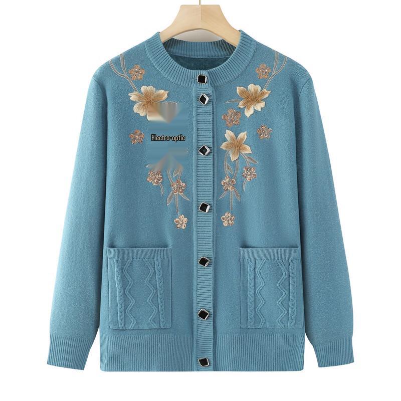 Langsha Elderly Women's Fleece-Lined Knit Cardigan Sweater