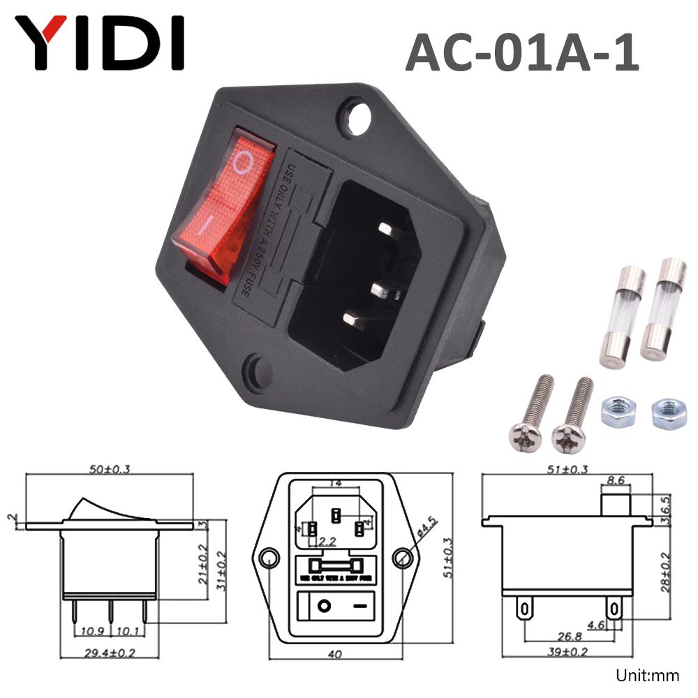 IEC 320 C13 C14 Inlet Power Plug Socket Rewirable 3 Pin Electrical Male Female Connector with Red Lamp Rocker Switch 10A Fuse