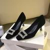 Beautiful rhinestone square buckle Chinese Xiuhe wedding shoes bride shoes women's square head high heel cashmere single shoes are not tired