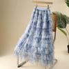 DIMANAF 2025 Summer Women Skirts Vintage Elastic Pleated Elegant Long Skirts New Lace Blue High Waist