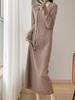 Autumn Winter Women's V-Neck Wool Knit Dress with Lace Crochet Detail and Trendy Tie-Up Design