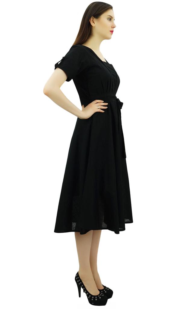 Bimba Damen Kurzarm Leinen Etuikleid Mit Gürtel Freizeitkleider