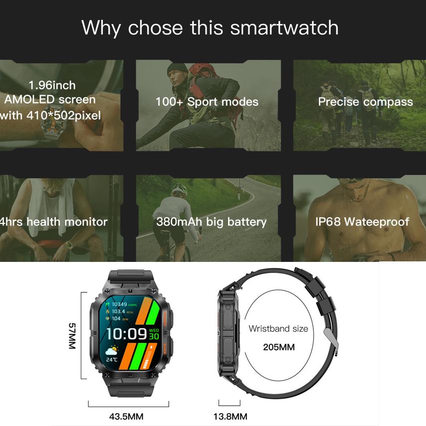 Smart Watch Sports Fitness Men 1.96" AOMLED Screen Outdoor Compass Blue Tooth Call Smartwatch Health Waterproof Voice Assistant