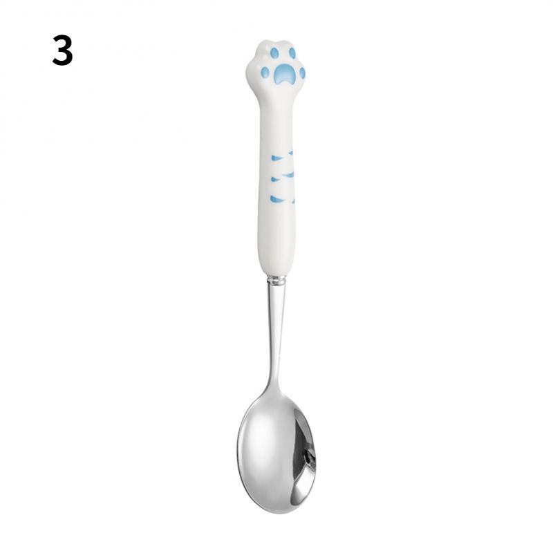Simpatico gatto artiglio cucchiaio forchetta manico in ceramica stoviglie in acciaio inossidabile 304 cucchiaio forchetta bacchette simpatico cartone animato stoviglie per bambini