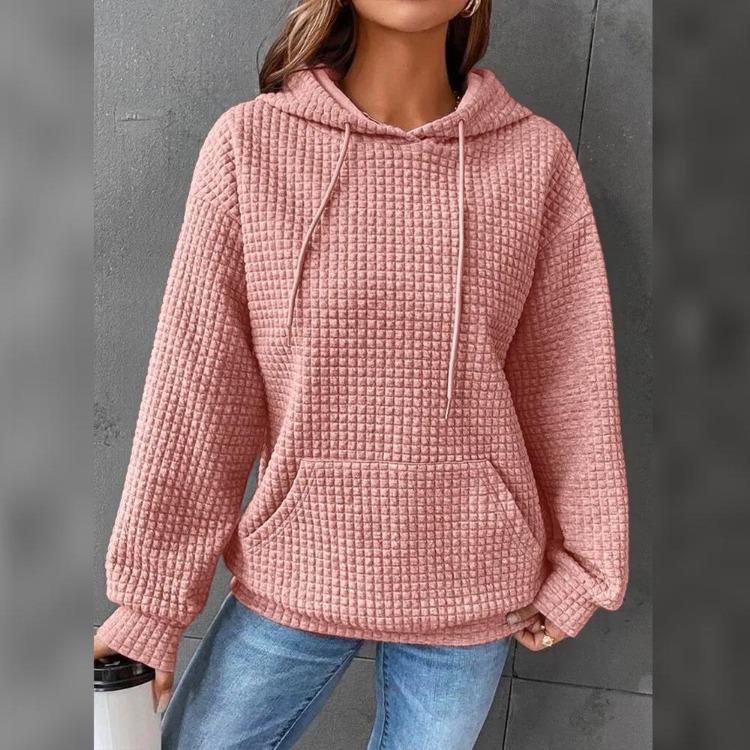 Plaid Pullover Jacket Women Long Sleeve Solid Color Hoodie with Pocket Round Neck