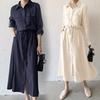 Japanese Style 2026 Autumn Women's Casual Long Sleeve Drawstring Shirt Dress with Pockets