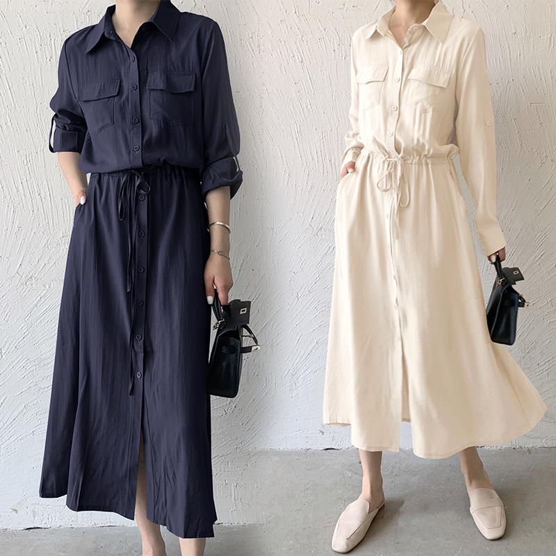 Japanese Style 2026 Autumn Women's Casual Long Sleeve Drawstring Shirt Dress with Pockets
