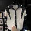 Men's Stripe Patch Panel Contrast Color Short Sleeve Button Down Shirt Casual Streetwear Top
