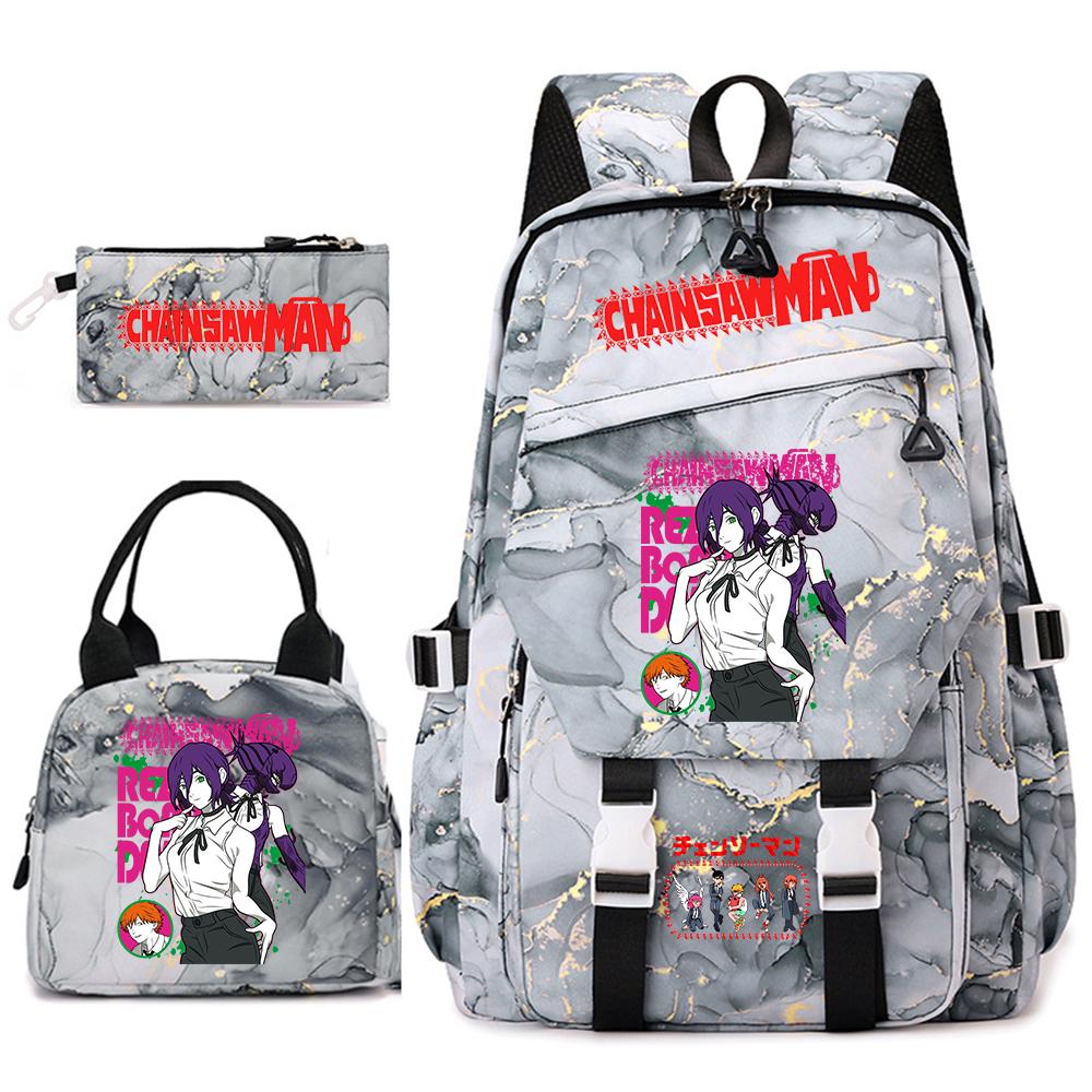 Chainsaw Man Anime Print Student Backpack Set for Girls with Lunch Bag Pencil Case School Daily Use