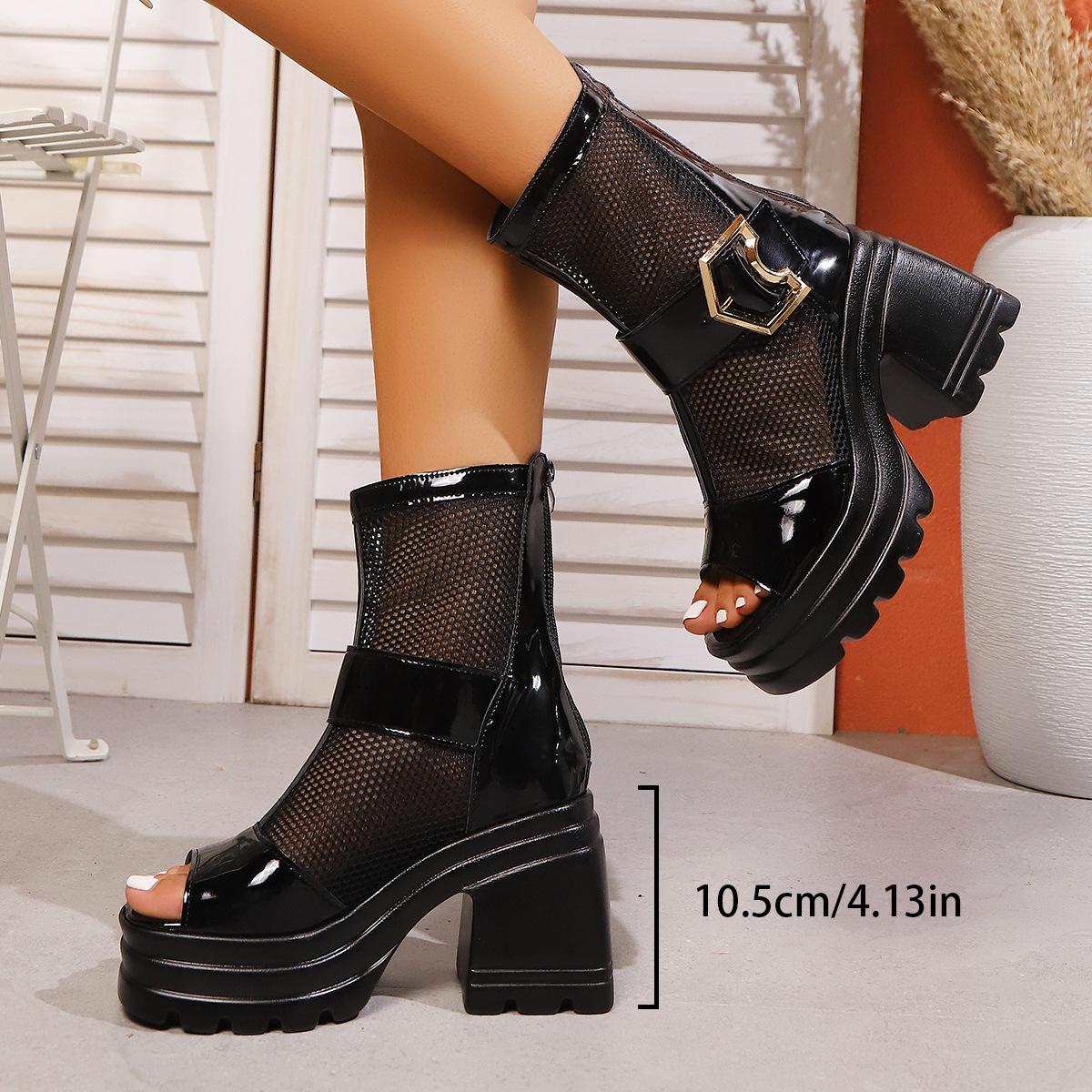 

British style high-heeled cool boots 2025 summer breathable large size belt buckle rear zipper mesh platform sandals women 35 чорний