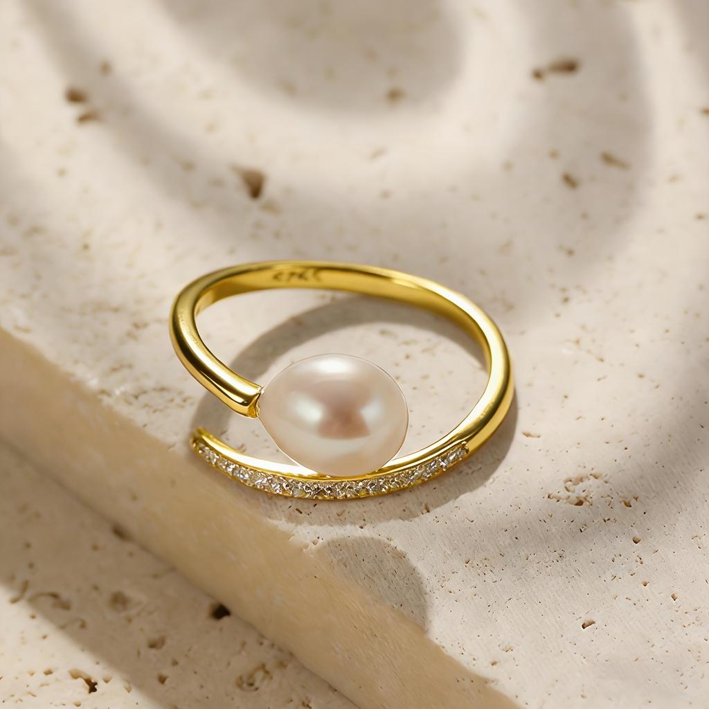 1pc Faux Pearl Geometric Oval Ring, Synthetic Zirconia Adjustable Open Design - Elegant Anniversary Birthday Gift for Women