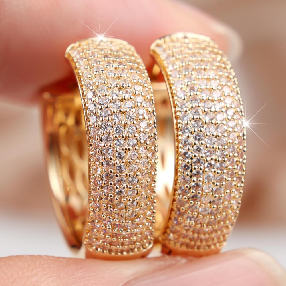 Luxury Gold Color Paved Zircon Huggie Earrings for Women Daily Wear and Party