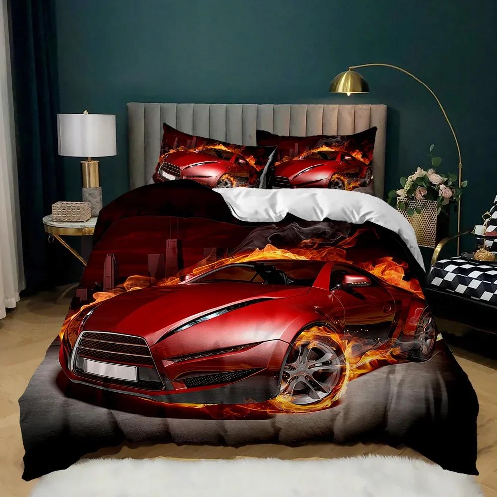 Race Car Bedding Set Twin Size Burning Red Flame Duvet Cover Set 3D Sports Car Comforter Cover King 2/3Pcs Polyester Quilt Cover