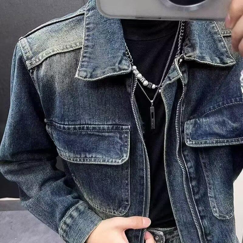 Men's Distressed Retro Slim-fit Denim Jacket - Casual Zipper Outerwear for Spring & Autumn.
