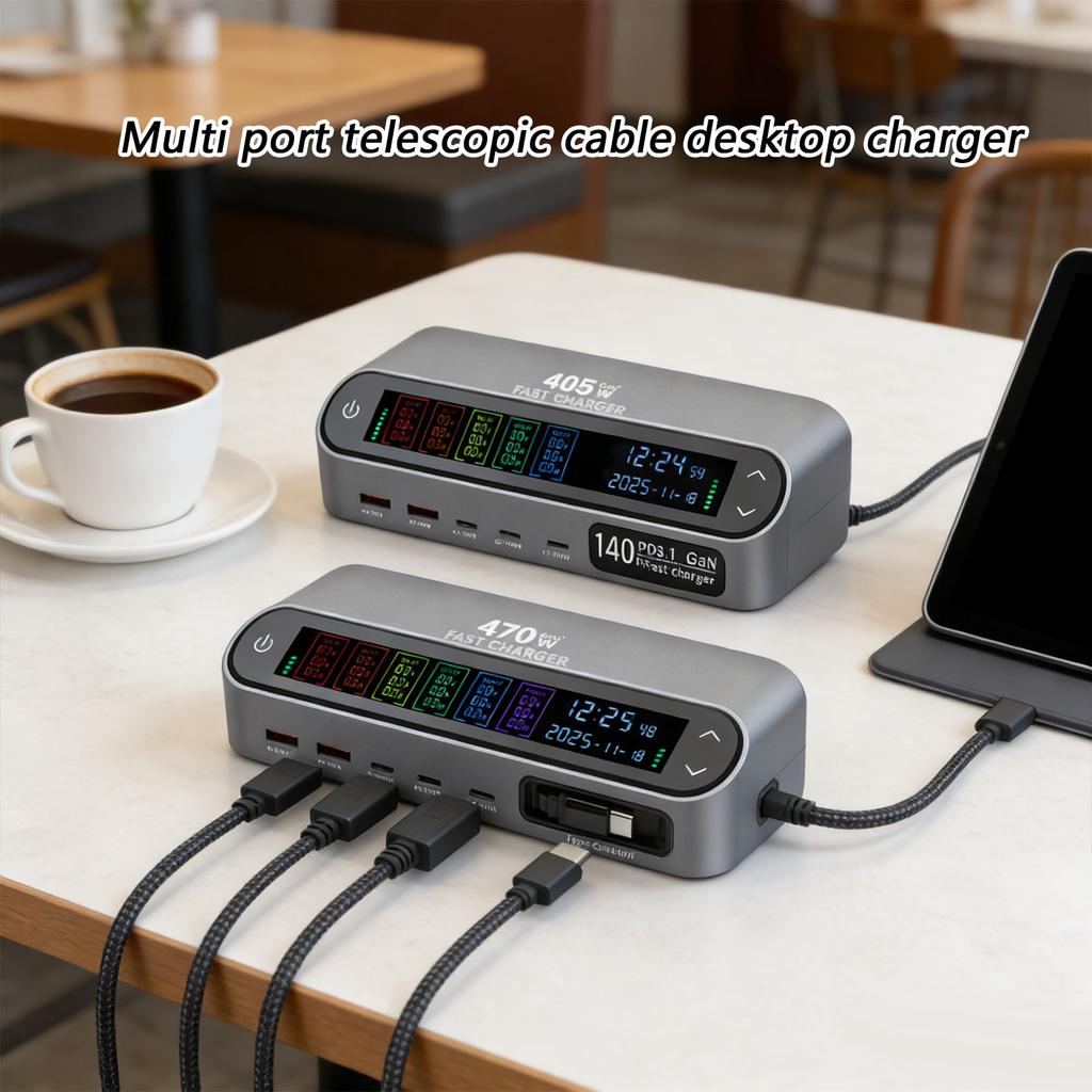 Fast Charger Station With Color Screen Display And 65W Retractable Cable Supports Multiple Devices Simultaneous Charging