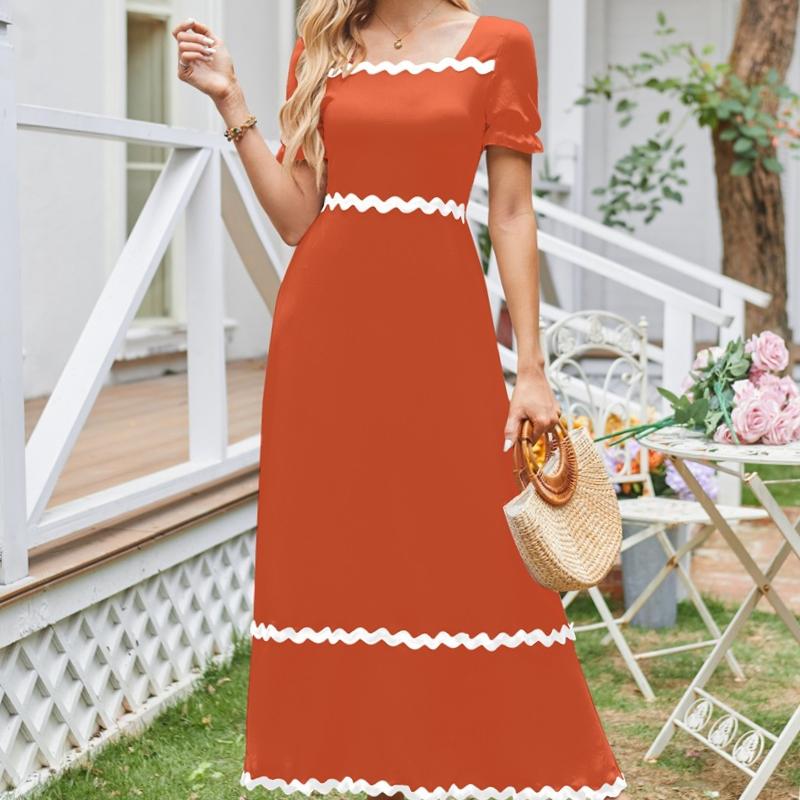 

VEZFAA женские модные летние весенние однотонные повседневные платья с короткими рукавами и квадратным воротником и высокой талией XXL