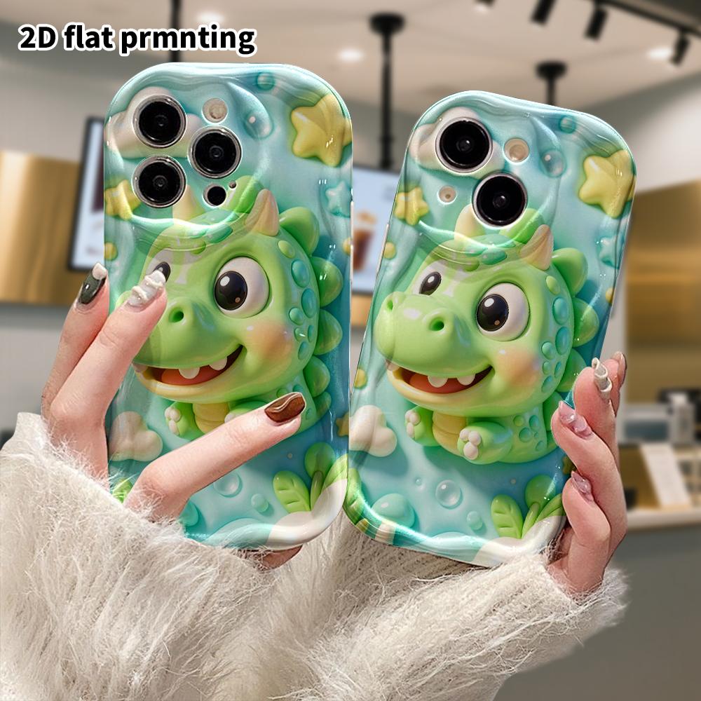 Phone Case: 2D flat design suitable for iPhone 18 17 16 15 14 13 Pro protective case, green little dinosaur, perfect Christmas and Halloween holiday g