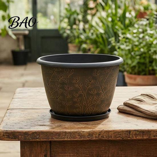 Garden Flower Pots with Trays 12 Inch Thickened for Outdoor Indoor, Plastic Leaf-Pattern Texture Large Planters Planter Drainage Hole & Saucer,