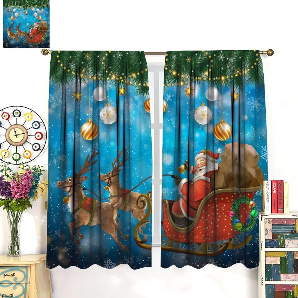 Christmas Curtain Funny Anta Claus Riding Sleigh Delivering Present Ball Winter Print Drapes Bedroom Party Decor For Made Of Polyester
