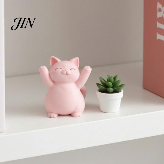 Unique Cat Gifts 3D Printed Pink Hugging Figurine, Adorable Sitting Kitten Statue with Raised Paws, Mechanical Balance Ornaments Kawaii Desk