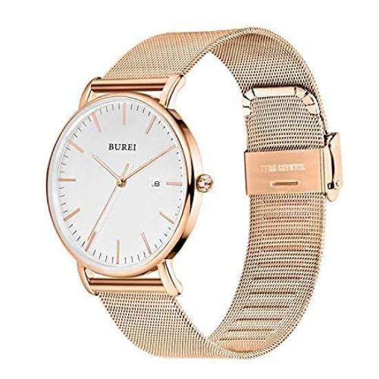 BUREI Business Milanese Mesh Date Rose Brand Men's Watch, Simple, Waterproof, Analog, Style, Style, Strap, Stylish, Popular, Display, Gold, Name,