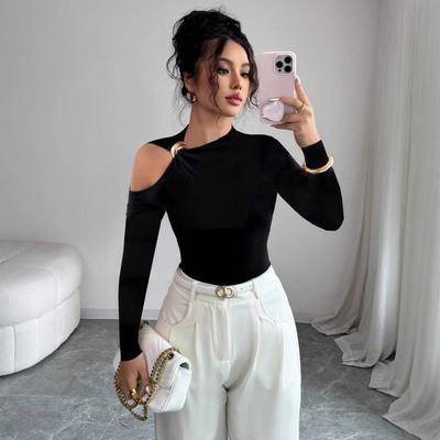 Frühling Asymmetrischer Ausschnitt Einseitig Schulterfrei Metall-Dekor Figurbetontes Schmeichelhaftes Oberteil Mode Tägliches Basic Büro Dame Lässig Slim Fit Damen Elegantes Oberteil