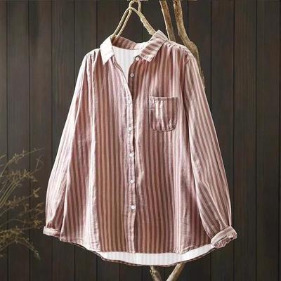 Women's Striped Long-Sleeve Shirt with Turn-Down Collar, Casual and Versatile for Summer