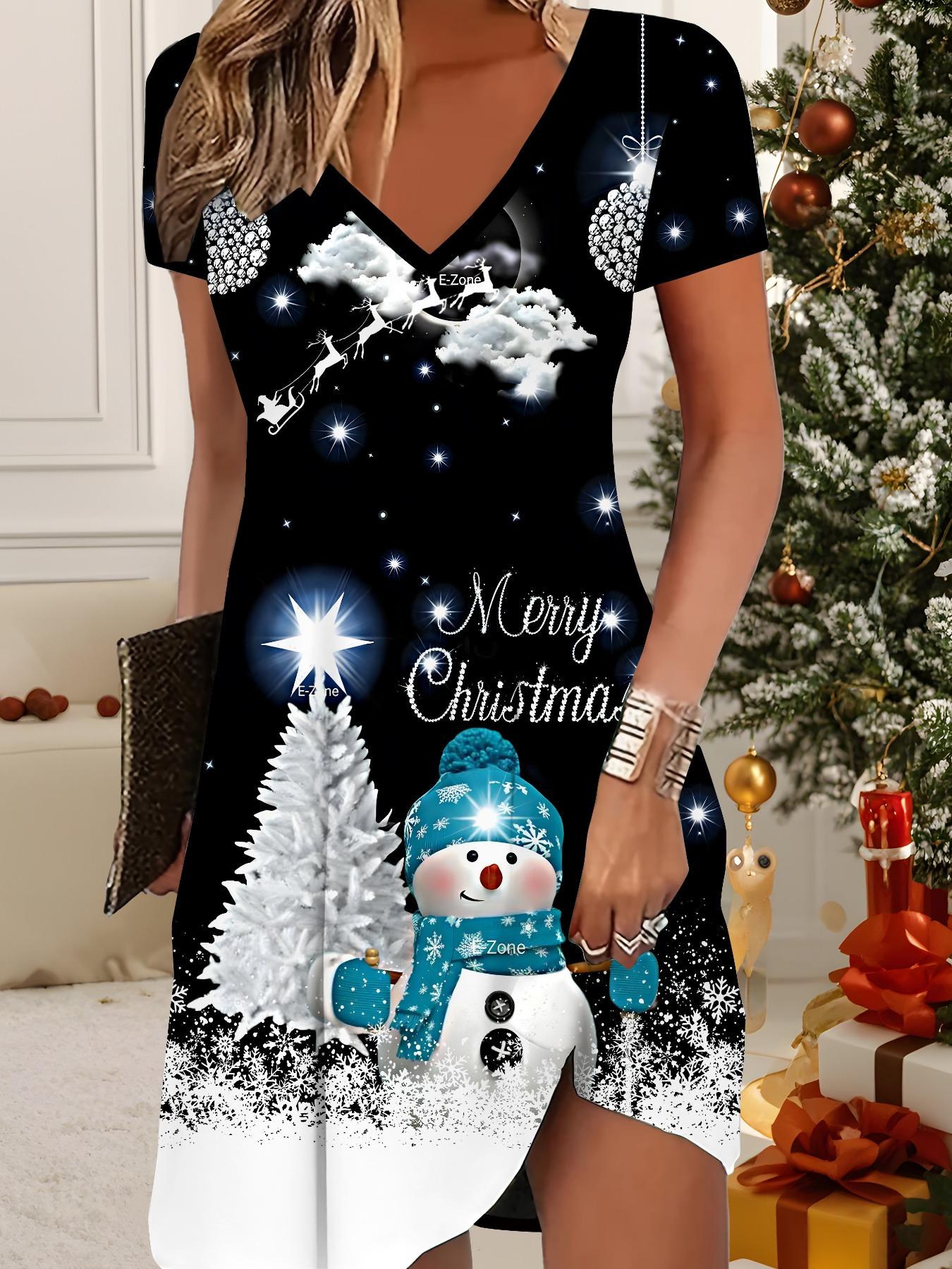 

Модное женское платье с V-образным вырезом и коротким рукавом, с принтом рождественского снеговика, сексуальное короткое платье 8XL