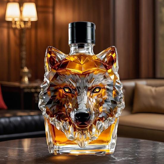 Karafka na whisky ve tvaru hlavy vlka Skleněná láhev Dekorativní karafka na likéry Jedinečná výzdoba baru pro milovníky whisky