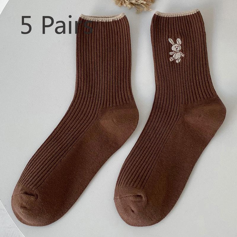 5 Paar Damen Herbst und Winter Neue Baumwolle Lieblich Einfarbig Dünne Streifen Stickerei Hase In Der Röhre Frotteesocken