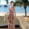 Pink Retro Oil Painting Print Suspender Dress Women's Summer French Waist Thin Seaside Vacation Cake Skirt