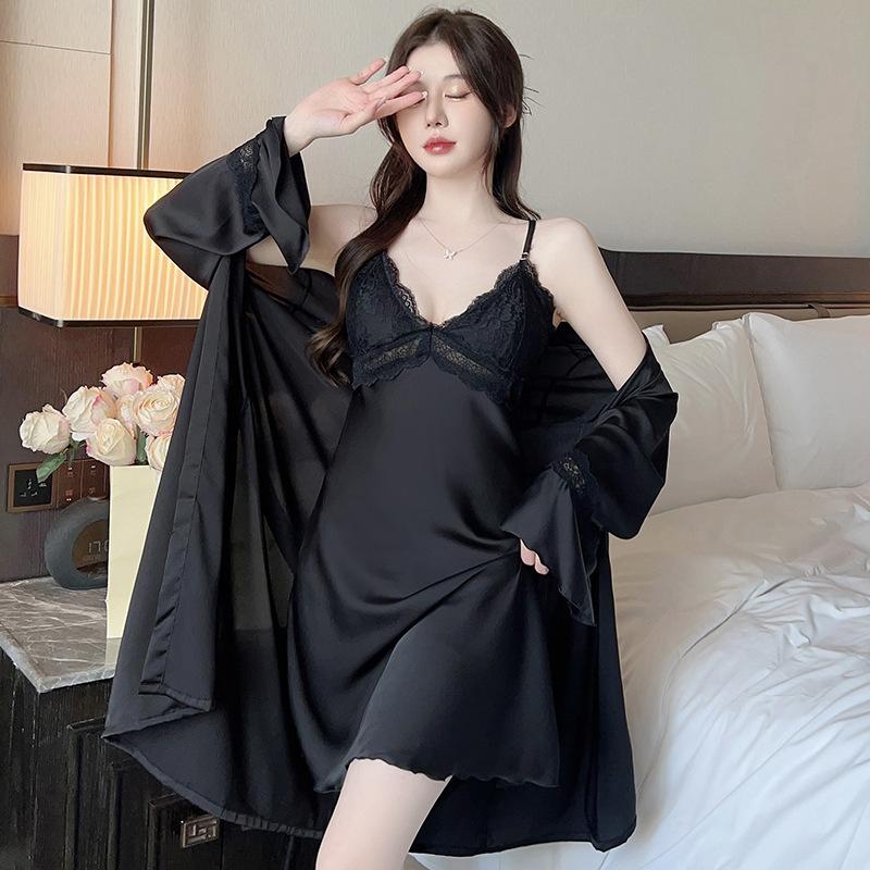 Women's spring summer pajamas ice silk suspenders sexy nightgown nightgown two-piece set imitation silk ribbon chest pad