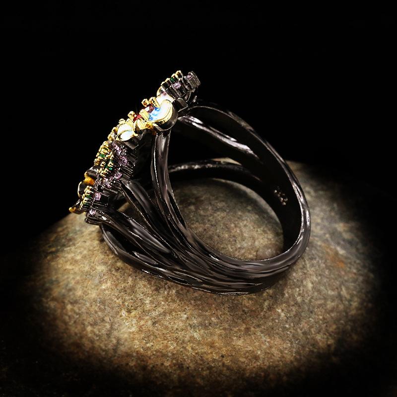 Neue Mode Wunderschöne Damen Silber Schwarz Gold Ringfarbe Blumenring Zirkonia Schmuck Handgefertigt Emaille Übertriebener Blumenring