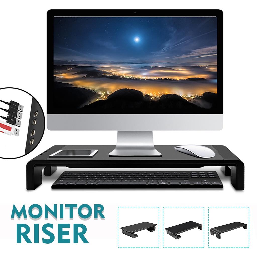 4 USB Multifunction Computer Monitor Riser Stand 2.0 Ports Charging Monitor Holder Computer Screen Shelf Laptop Rack Organizer Black