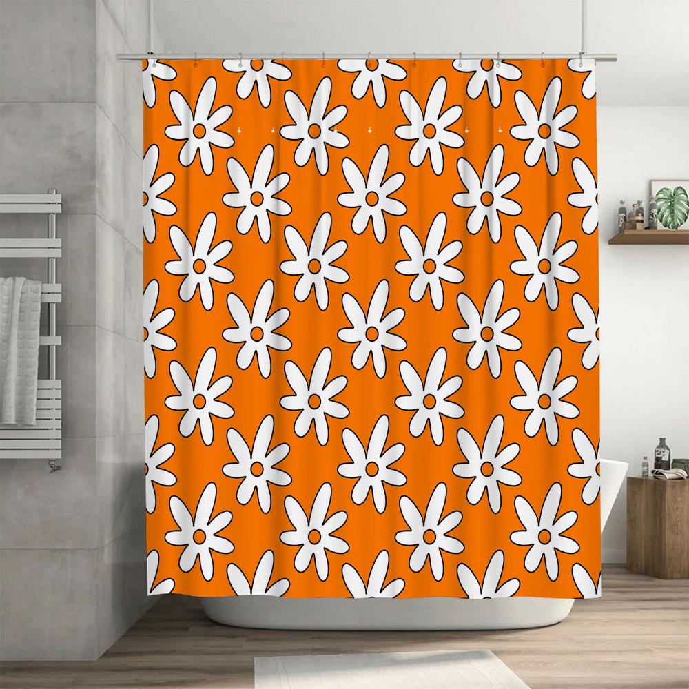 Orange Shower Curtain with White Flower Pattern: Waterproof Bathroom Decor for Kids' Bathrooms or Master Baths Polyester Fabric,
