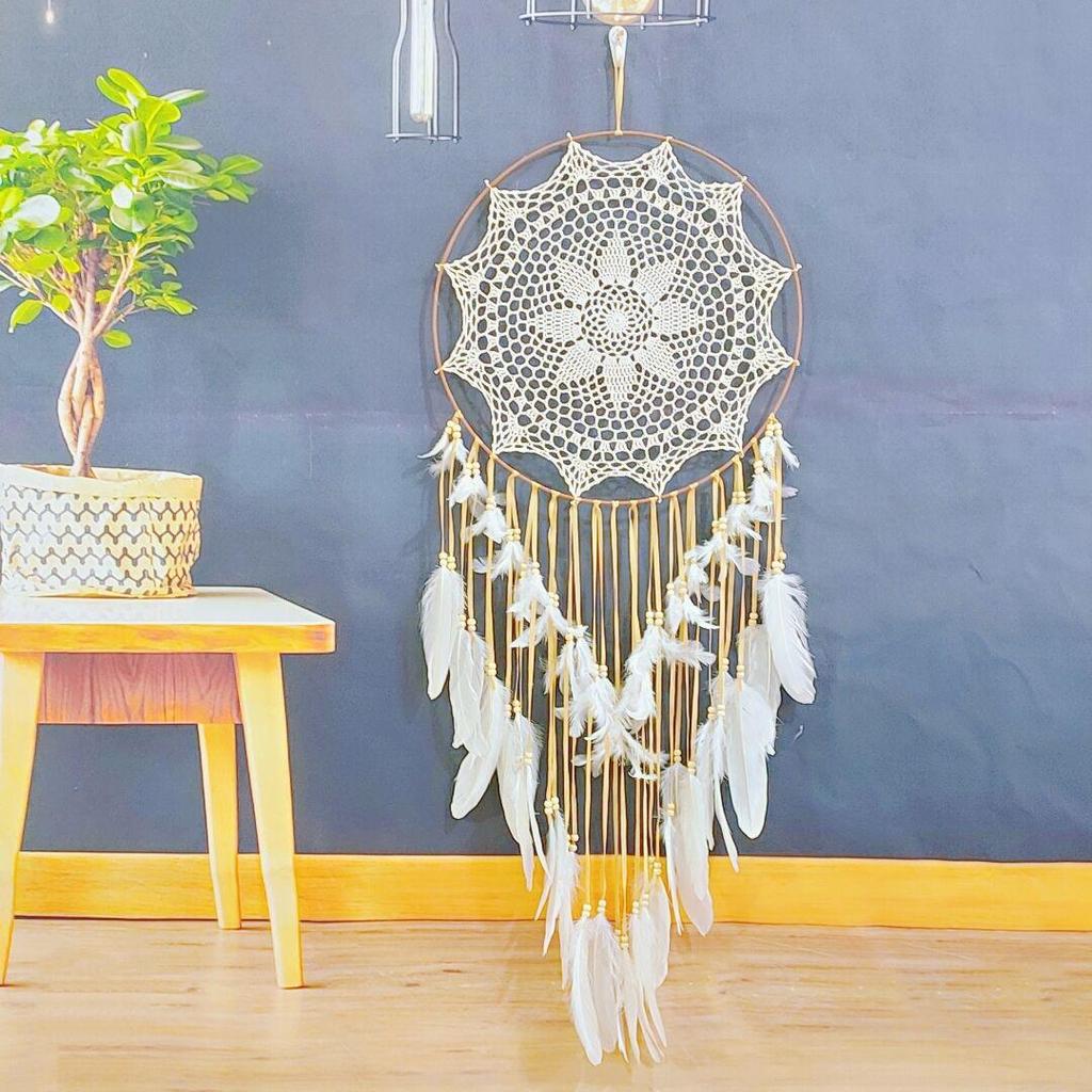 Nordic Feather Wind Chime Dream Catcher: Creative Crochet Hanging Ornament for Home or Wedding Decor.
