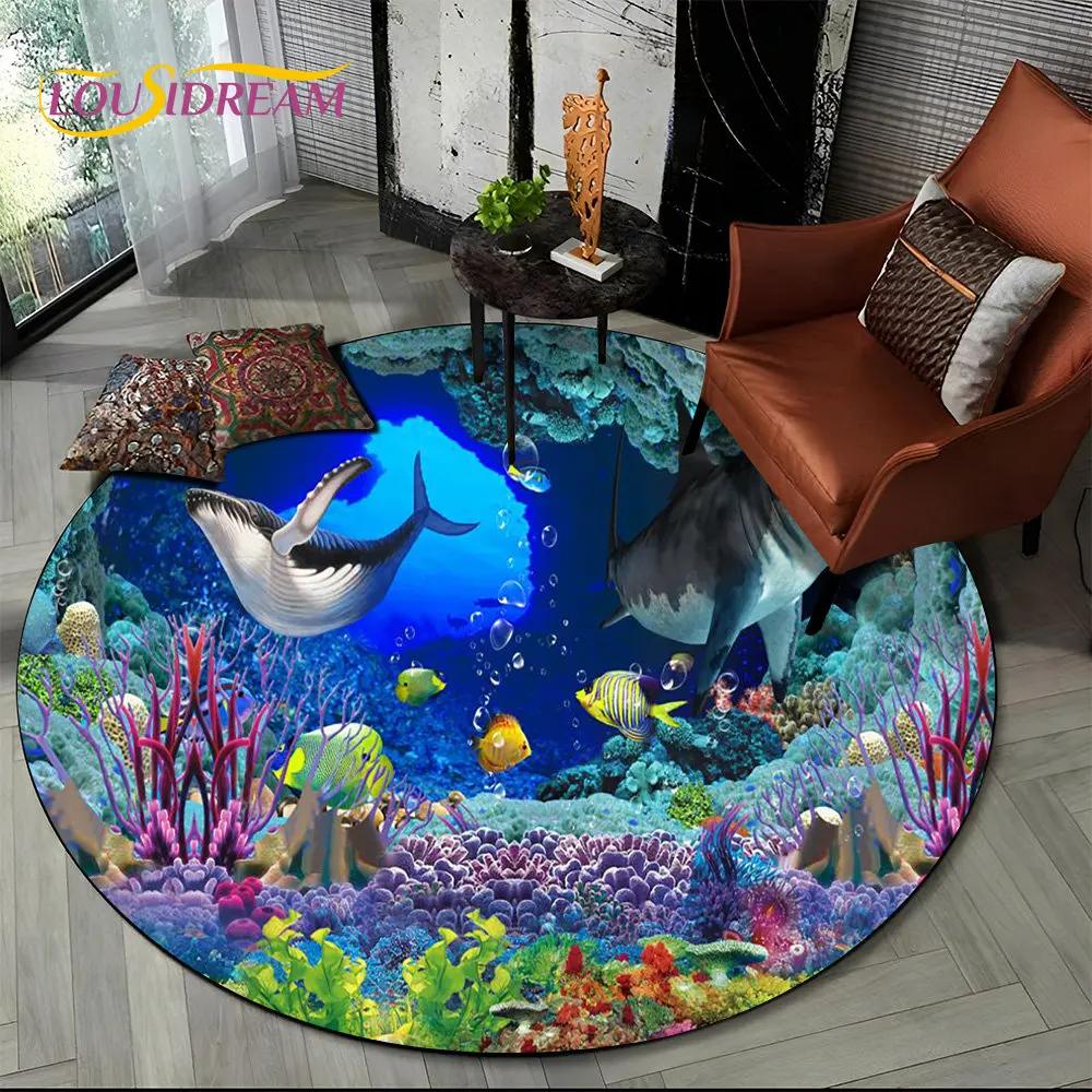 3D Seabed Illusion Underwater World Dolphin Round Area Rug,Carpet for Living Room Bedroom Sofa Playroom Decor,Non-slip Floor Mat