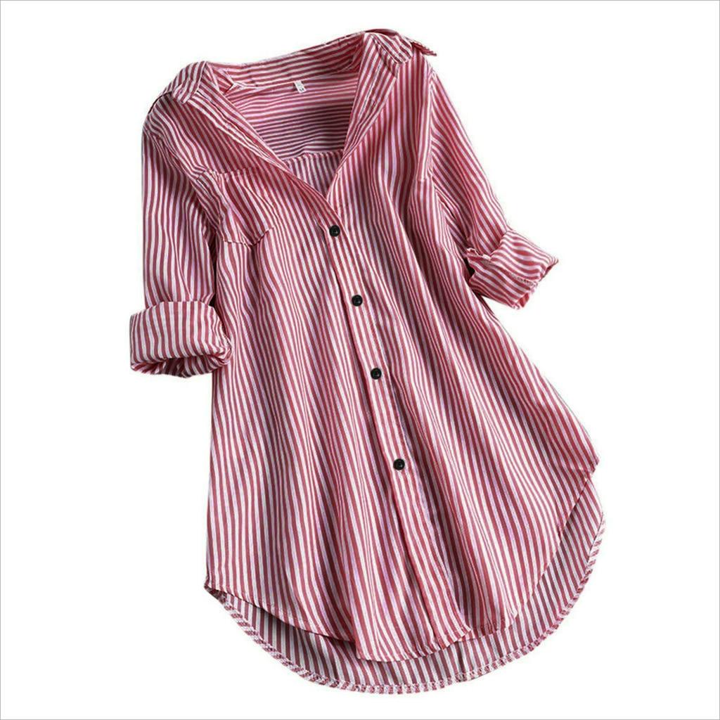 Spring and Summer Chic Striped Long-sleeved Loose Shirt with Lower Collar Women
