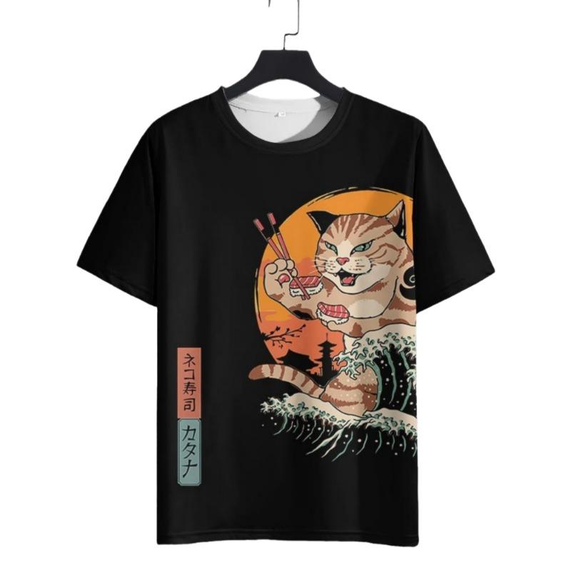 Japanese Samurai Cat 3D Printed T-Shirts for Men Short Sleeve Tee Casual Loose Harajuku Men's Clothing Oversized T-Shirt Tops
