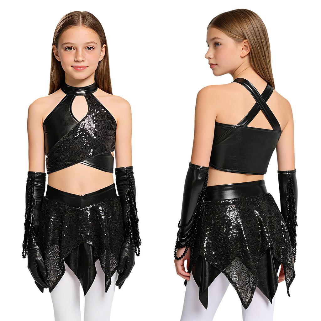 Dívčí jazzový taneční představení set: Crop top s kovovým leskem, zdobený flitry, s výstřihem ve tvaru křížové klíčové dírky, doplněný asymetrickou sukní a rukavicemi s flitrovanými třásněmi